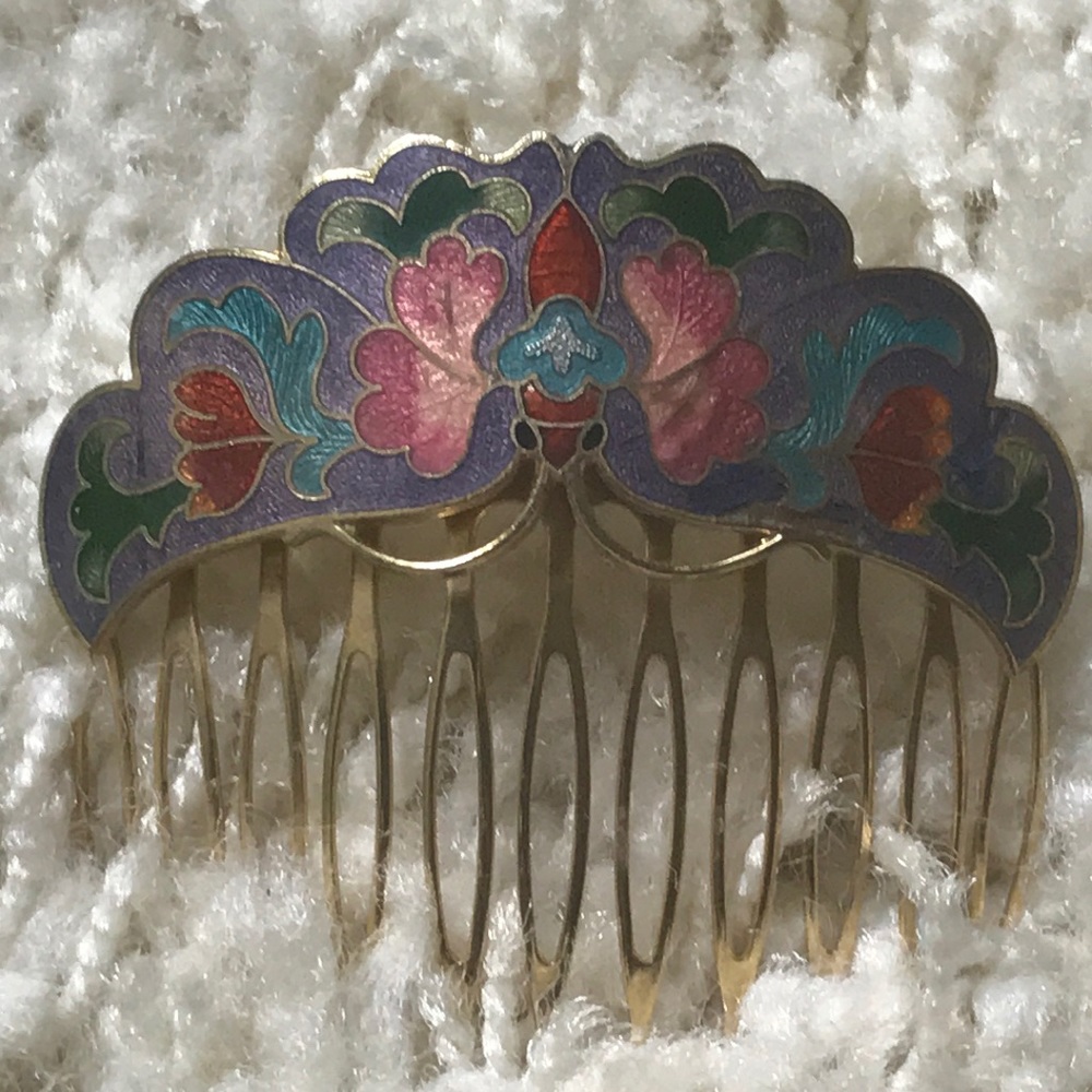 Purple and Pink Cloisonné Enamel Hair Comb